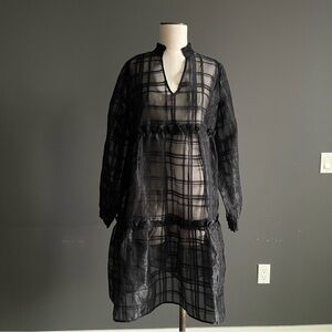 OBJECT Sheer Plaid Tiered Midi Dress Black Long Sleeve Art Deco Avant Garde